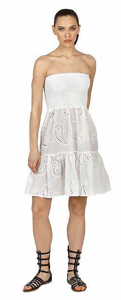 STRAPLESS WHITE EMBROIDERED COTTON DRESS