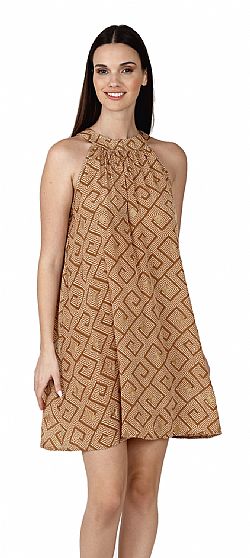 GOLDEN TWIST SILK HALTER DRESS